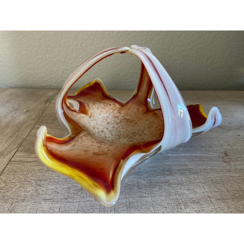 Vintage Murano Art Glass Bowl Triple Pulled Handle Red, Yellow White Italy